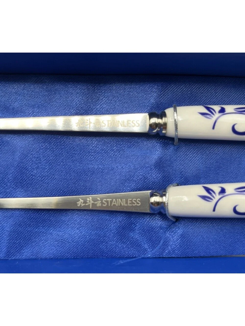 2 Blue White Asian Style Spoon Fork Sets Porcelain Handles Stainless Gift Boxed